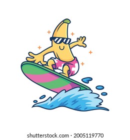 Coll Banana Playing Surfing. Fruit Vector Icon Illustration, Isolated on Premium Vector