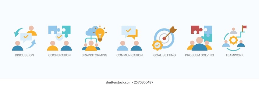 Collaborate And Conquer Icon Set Isolated Vector 
With Icon Of Discussion, Cooperation, Brainstorming, Effective Communication, Goal Setting, Problem Solving, Teamwork In Flat Style