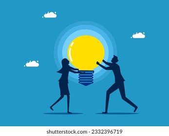 Collaborate to create business or innovation. Businessmen join hands holding a large light bulb
