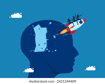 Collaborate to create new innovations. Business team flying with rocket destroying big head 