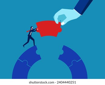 Collaborate with large businesses. man and hand helping to connect jigsaw bridge vector