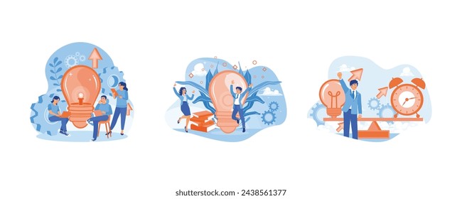 Collaborate on new business projects. People develop new ideas. The balance between time and solution ideas. Business Idea concept. Set flat vector illustration.