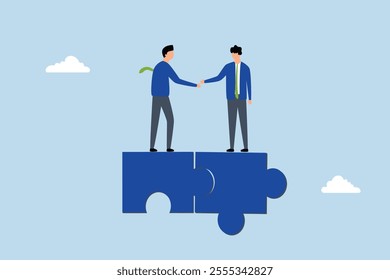 Collaborate, Successful entrepreneurs complete the agreement and shake hands over a jigsaw puzzle. 