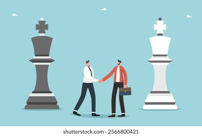 Collaboration to achieve highest result, teamwork to find the right strategy and business prosperity, mentoring and partnership to achieve goals and win, men shaking hands near chess pieces.