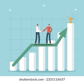 Colaboración en la consecución de objetivos, asociación para el crecimiento de los ingresos y las ganancias, trabajo en equipo para alcanzar altos niveles de trabajo, motivación para el gran éxito, dos empresarios dándole la mano a una creciente flecha gráfica.