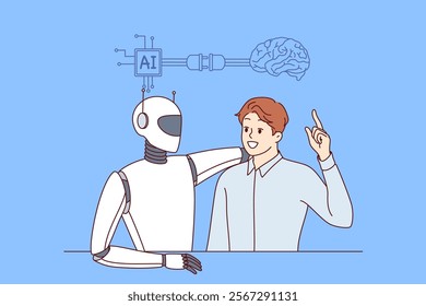 Collaboration of AI and business man using modern technologies or innovations to improve work. Robot with AI hugs colleague proud of implementation of artificial intelligence in job process