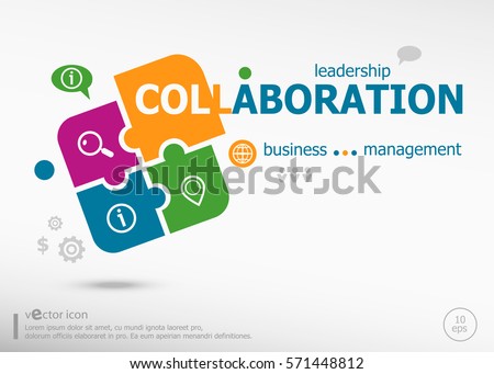 Collaboration aword cloud on colorful jigsaw puzzle. Infographic business for graphic or web design layout 
