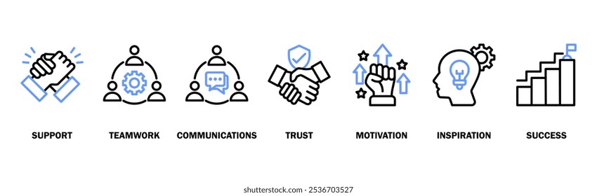 Concepto de Ilustración vectorial de ícono de Web de Anuncio de colaboración para el trabajo en equipo y trabajar junto con ícono de Asistencia, trabajo en equipo, comunicación, confianza, apretón de manos, motivación, inspiración y éxito