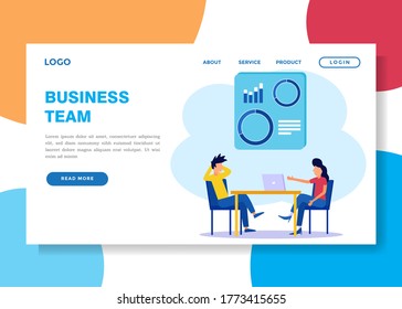 Collaboration between 2 creative business people sitting at the table, business benefits and success. Vector illustration of flat design style.