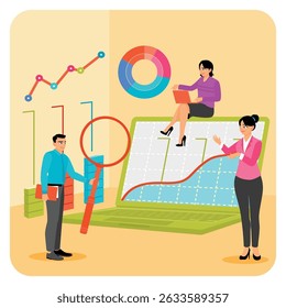 Collaboration between business professionals interpreting data visualizations including tables, graphs and charts from digital devices. Digital data analysis concept.