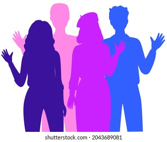 Collaboration between countries. People silhouettes isolated on white background. Multicultural characters show greeting gesture. Representatives of world cultures in national clothes waving hands