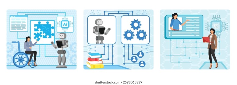 Collaboration between a disabled female professional and a robot. A friendly robot holding a book with gears. A professional using artificial intelligence technology. Set flat vector modern illustrati