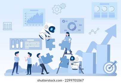 Collaboration between human and ai robot to achieve a common goals. Working together to complete puzzle jigsaw to success project. Flat vector illustration.