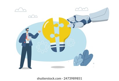 Collaboration between humans and artificial intelligence or AI, Changing work processes for organizational development, Businessman putting together an idea lightbulb jigsaw puzzle with a robot hand.