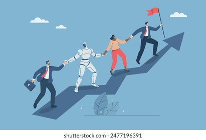 Collaboration between humans and artificial intelligence or AI, Corporate technology development, Investment growth, Businessmen and robots are climbing up a soaring arrow. Vector design illustration