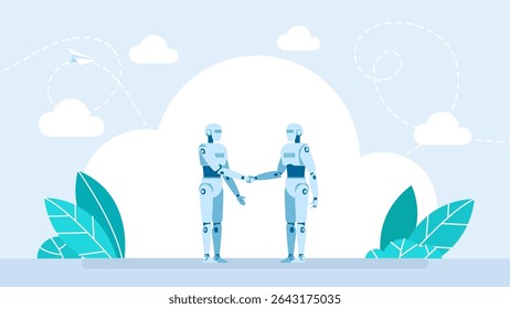 Collaboration between robots. Modern technological. Handshake two robots. Robot and robot shaking hands. Collaboration between artificial intelligence. Robotization in business. Vector illustration