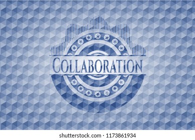 Collaboration blue badge with geometric background.