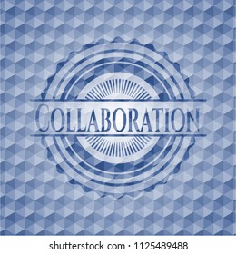 Collaboration blue emblem with geometric pattern.