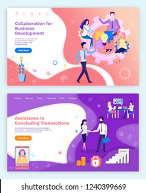 Collaboration business development, assistance concluding transactions vector. Personal helper online support of client. Team brainstorming on problem