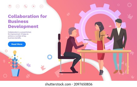 Collaboration, business development of team concept. Algorithmization and programming, planning conference, people work with presentation on board. Website or webpage template, landing page flat style