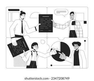 Collaboration colleagues bw concept vector spot illustration. Teamwork diversity 2D cartoon flat line monochromatic characters for web UI design. Employees synergy editable isolated outline hero image
