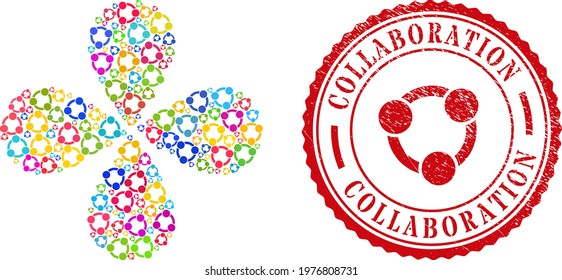Collaboration colorful exploding flower with 4 petals, and red round COLLABORATION grunge stamp print. Collaboration symbol inside round stamp print.