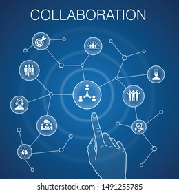 collaboration concept blue background teamwork, support, communication, motivation icons