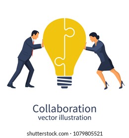 Collaboration concept. Completing business idea. Cooperation, teamwork. Successful solution puzzle. Symbol of partnership. Vector, flat design. Businessman pushing puzzle connected in lightbulb.