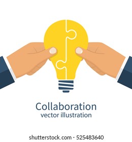 Collaboration concept. Completing business idea. Cooperation, teamwork. Successful solution puzzle. Symbol of partnership. Vector, flat design. Businessmen hold puzzle in hand connected in lightbulb.