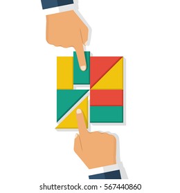 Collaboration concept. Completing business idea. Cooperation, teamwork. Successful solution puzzle. Symbol of partnership. Vector, flat design. Businessmen hold puzzle in hand connected.