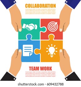 Collaboration concept. Cooperation, teamwork. Successful solution puzzle. Symbol of partnership. Vector, flat design