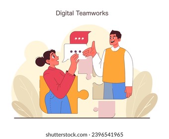 Concepto de colaboración. Un dúo se involucra en el trabajo en equipo digital, combinando ideas con tecnología y comunicación. Creatividad en la administración de proyectos virtuales. Ilustración vectorial plana
