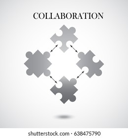 Collaboration concept with four pieces of puzzle on grey background. Infographic design with puzzle