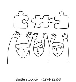 Collaboration concept. Group of people with puzzles. Teamwork. Outline illustration on white background. 