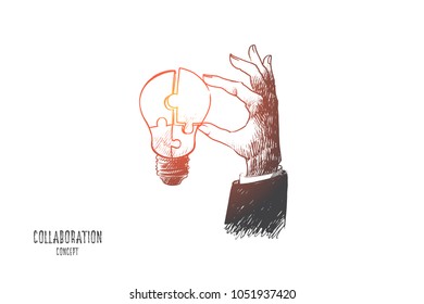 Collaboration concept. Hand drawn light bulb in human hand. part of puzzle as symbol of co-working and team isolated vector illustration.