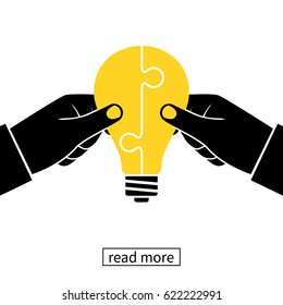 Collaboration concept icon. Completing business idea. Cooperation, teamwork. Successful solution puzzle. Symbol partnership. Vector flat design. Businessmen hold puzzle in hand connected in lightbulb
