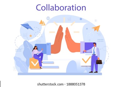 Concepto de colaboración. Personajes de Office trabajando en equipo. Idea de éxito, trabajo en equipo y cooperación. Ilustración vectorial plana aislada