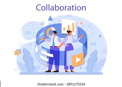 Collaboration concept. Office characters working in team. Idea of success, teamwork and cooperation. Isolated flat vector illustration
