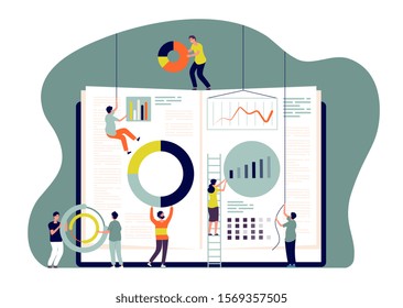 Collaboration concept. People insert charts into book, employees build business metrics. Cooperate and learn together vector image