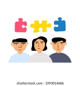 Collaboration concept. Team of people with puzzles. Vector illustration on white background. 
