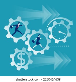 Collaboration concept. Teamwork business metaphor. Team businessmans running inside gear mechanism. Vector illustration flat design. Isolated on background. People together rotate mechanism system.