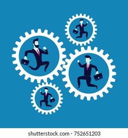 Collaboration concept. Teamwork business metaphor. Team businessmans running inside gear mechanism. Vector illustration flat design. Isolated on background. People together rotate mechanism system.