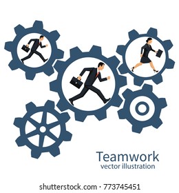 Collaboration concept. Teamwork business metaphor. Team businessmans running inside gear mechanism. Vector illustration flat design. Isolated on background. People together rotate mechanism system.