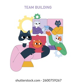 Collaboration concept. This illustration illustrates team building with cats engaged in various activities. It emphasizes teamwork and communication among colleagues. Engaging characters foster a