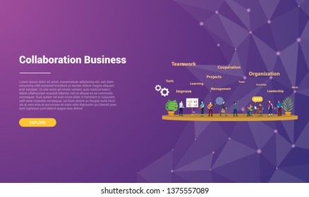 collaboration concept for website template landing homepage banner with modern purple violet background - vector illustration