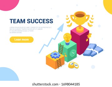 Collaboration is the construction of an agent group to create a team for team success. Web design banner. White isolated concept with flat isometric vector symbols. Teamwork. Cup. Competition. svg