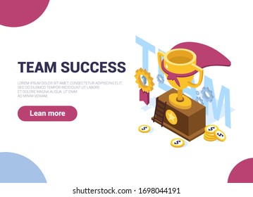 Collaboration is the construction of an agent group to create a team for team success. Web design banner. White isolated concept with flat isometric vector symbols. Teamwork. Cup. Competition.
