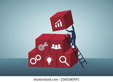 Collaboration or cooperate for team success, working together as teamwork to solve problem and achieve target concept, businessman putting up a block to connect other blocks together.