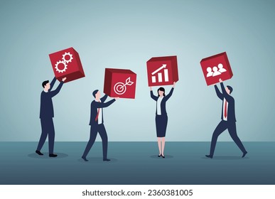 Collaboration or cooperate for team success, working together as teamwork to solve problem and achieve target concept, businessman and businesswoman team up to help connect block together.