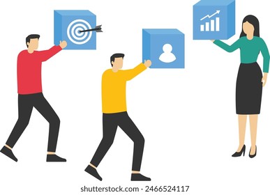 Collaboration or cooperate for team success, working together as teamwork to solve problem and achieve target concept, businessman and businesswoman team up to help connect block together.

